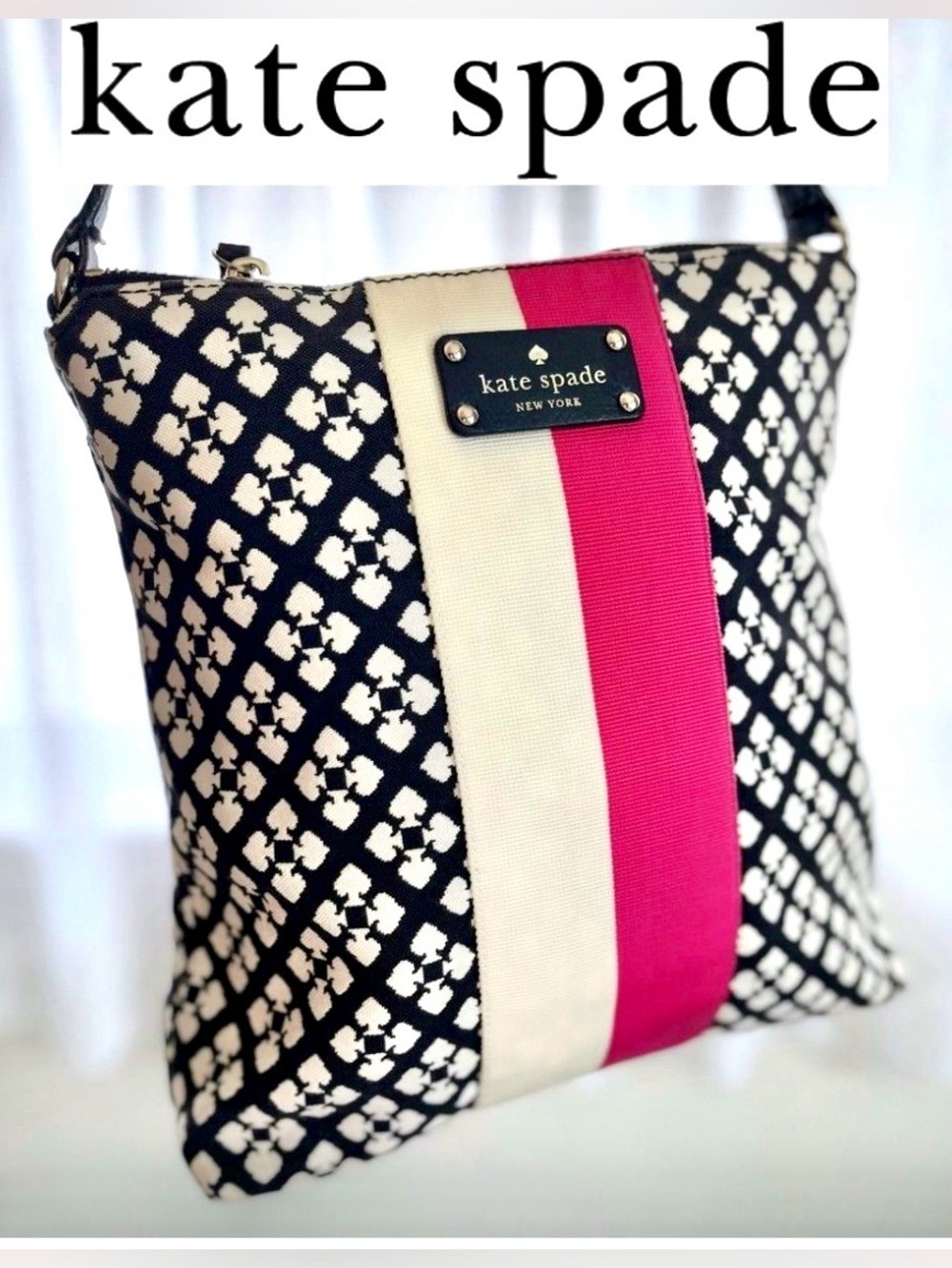 Kate Spade Victoria crossbody bag, B&W geometric clover Pink Stripe Canvas EUC